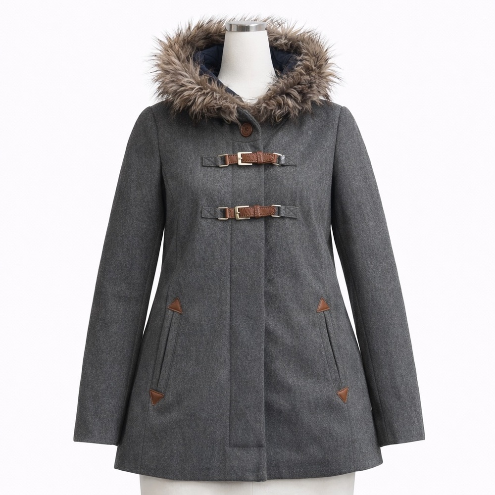 Y2K Cartonnier gray wool toggle coat with faux fur hood
